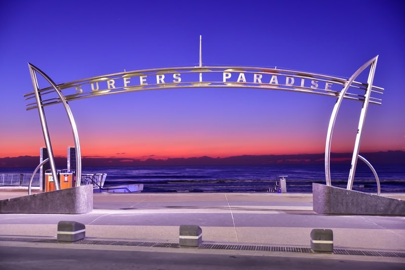 Sign of Surfers Paradise at sunrise time